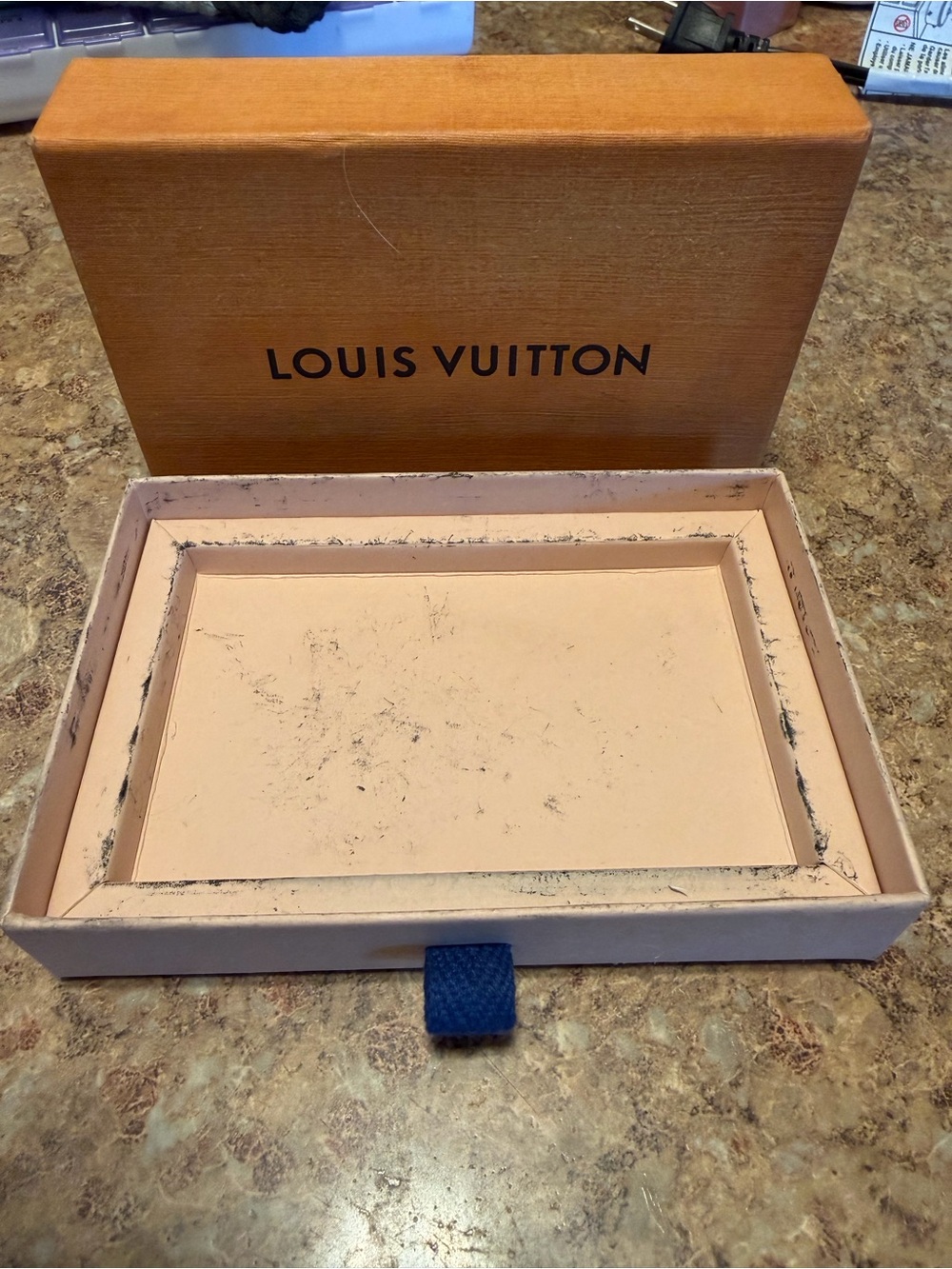 Louis Vuitton Orange Box with Beige Interior and Blue Pull